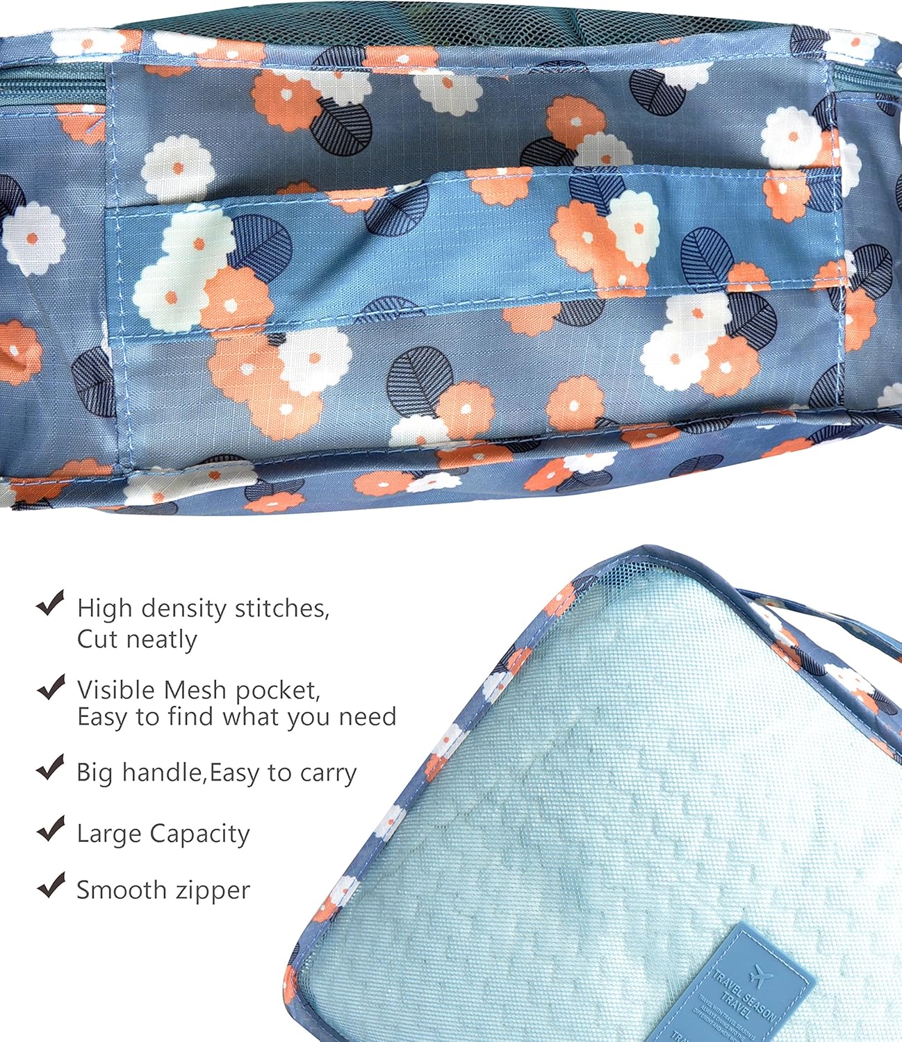 Vercord 7 Set Travel Packing Organizers Cubes Luggage Suitcase Organizer Bags Clothes Underwear Cube Shoe Pouch Pack Blue Flower - Image 5