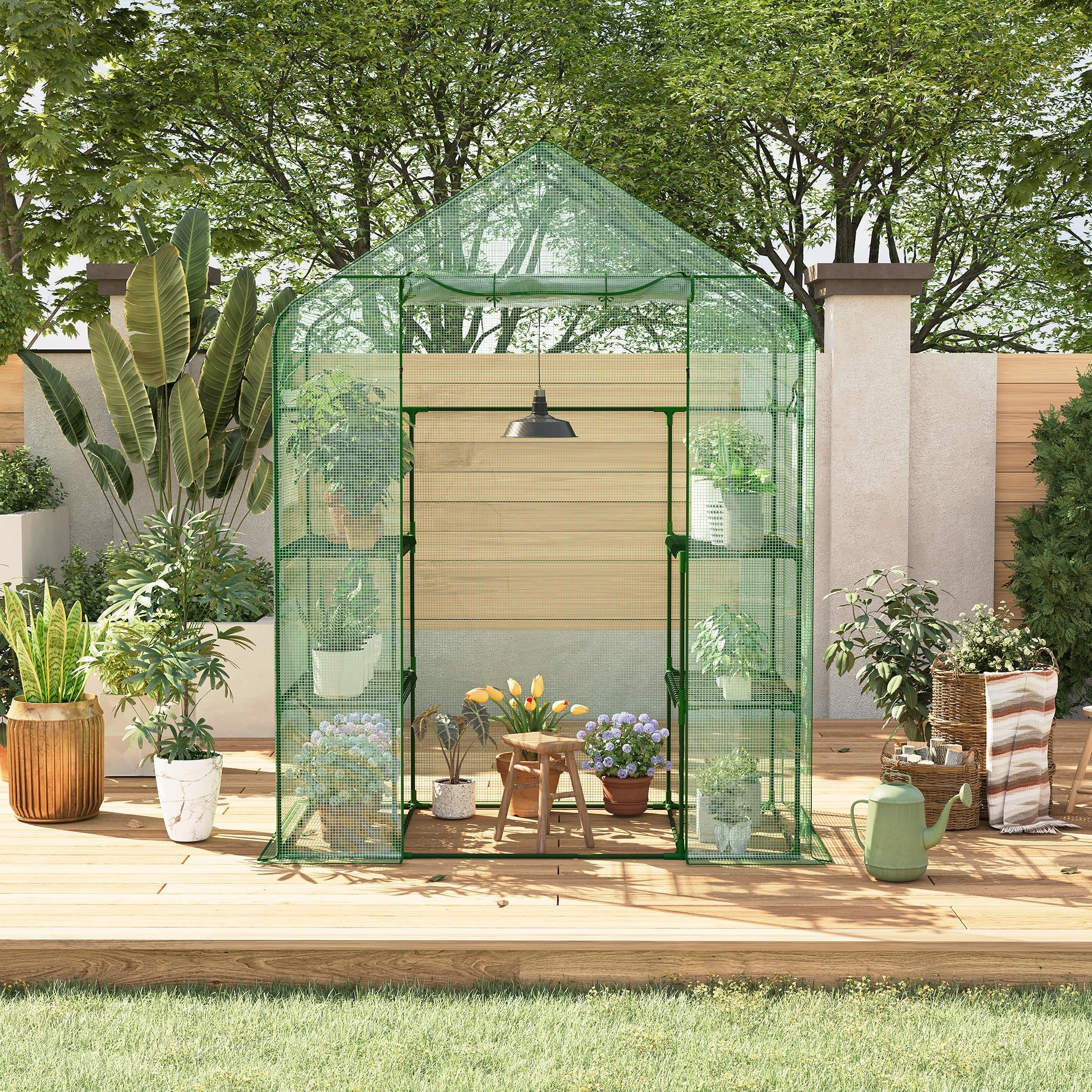 Garvee Invernadero de jardín con caseta Walk-in, 143 x 73 x 195 cm, Invernadero para Plantas con Cubierta de PE 140 G Impermeable y Estructura de Acero, 4 estantes extraíbles, 1 Puerta y 2 Ventanas