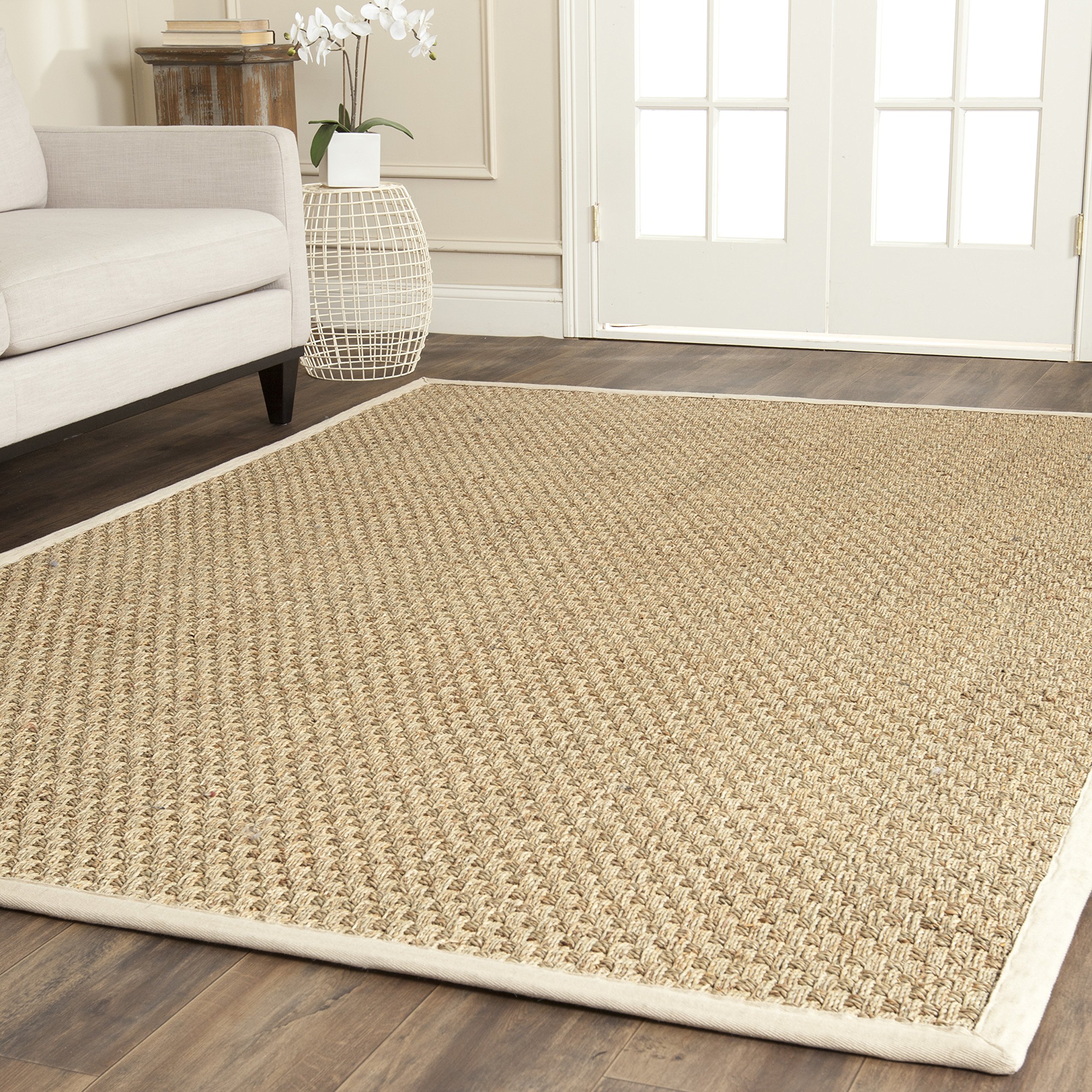 SAFAVIEH Area Rug 9' Square - Natural Fiber Collection - Natural & Ivory, Seagrass, Basketweave Pattern with Border (NF114J)