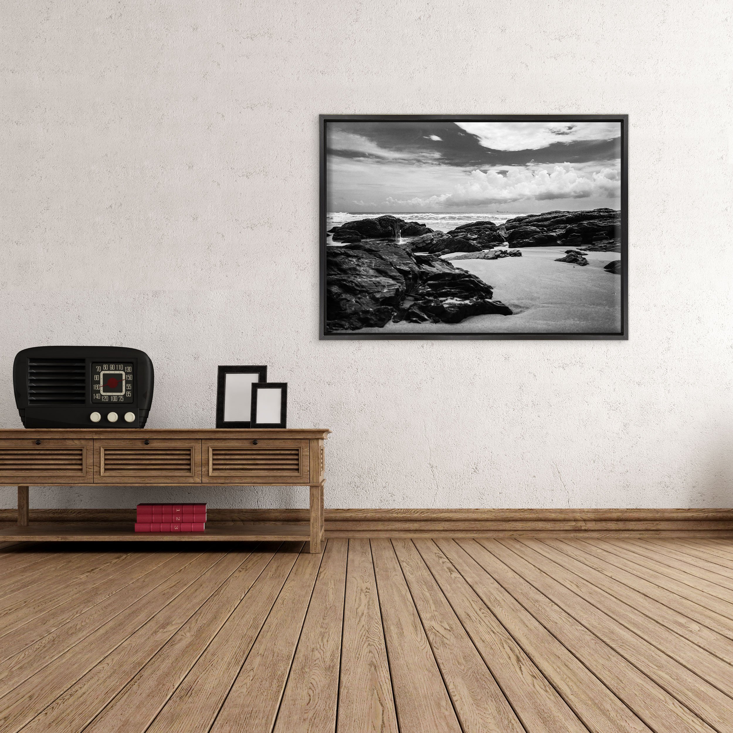 QUADRO SU TELA CANVAS INTELAIATO - CON CORNICE - Oceano Bianco e Nero - Paesaggio Natura Panorama - 70x100cm - Stile Moderno Nero- (cod.4381)