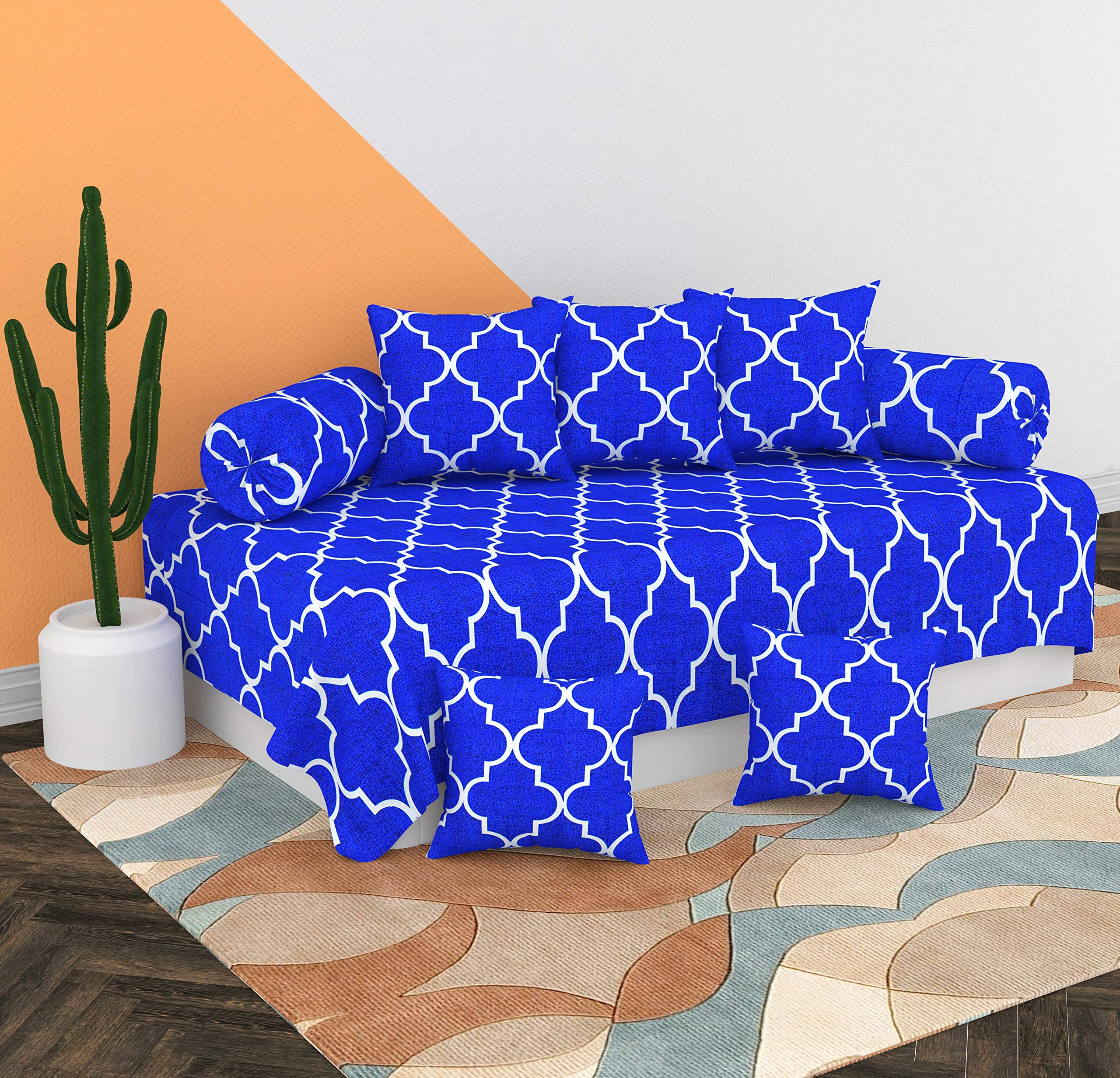 BEVI - Home Polycotton Microfiber 3D Blue Printed Diwan Set 8 Pieces, 1 Single bedsheet, 5 Cushions Covers and 2 Bolster Covers- Blue