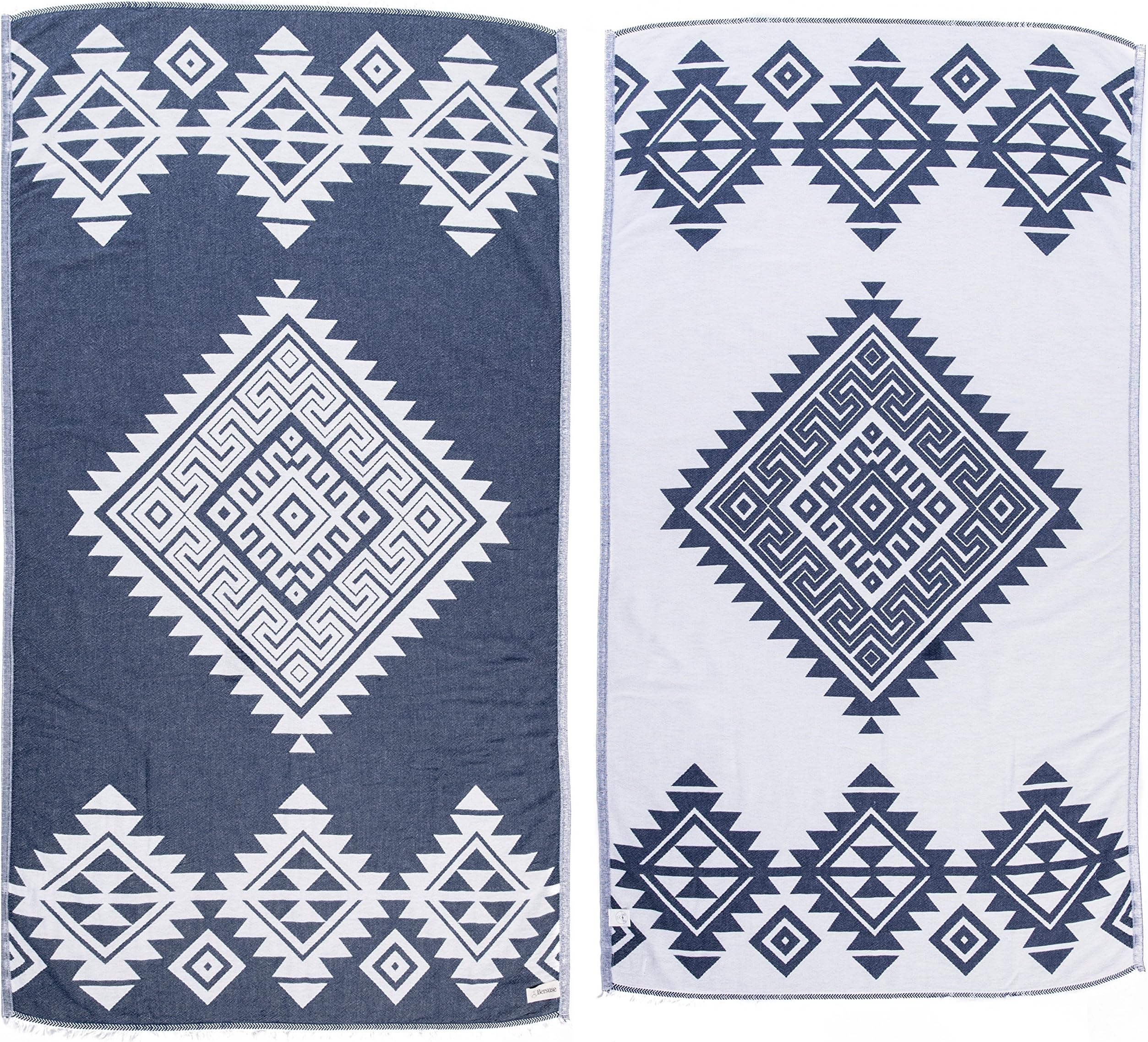 Bersuse 100% Cotton Yucatan Turkish Towel - 39x71 Inches, Dark Blue (Set of 3)