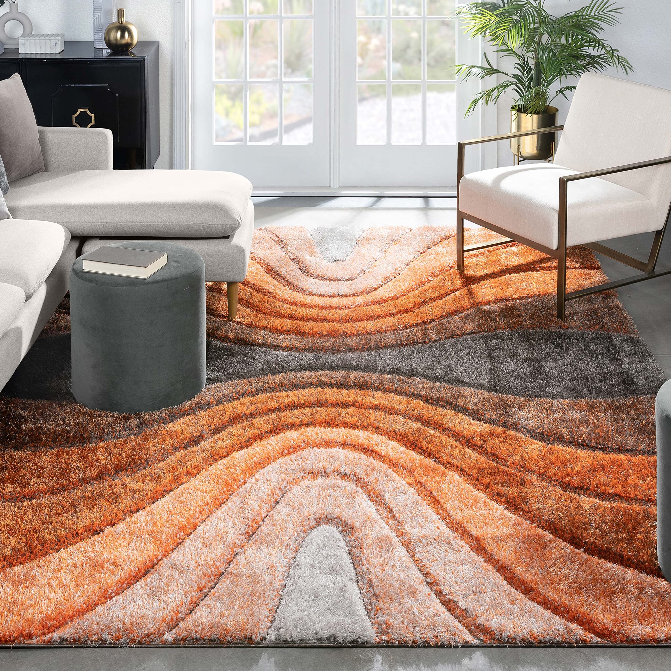 Handwoven 3D Curved Pattern Modern Premium Shag Collection Rugs for Living Room Bedroom with Anti Skid Carpet Size 4X6 Feet, Color Orange/Grey-image-10