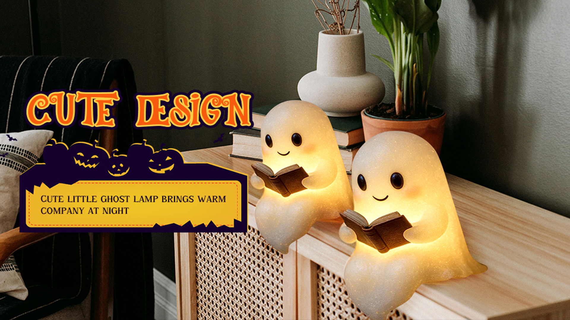 Geister Leselampe Für Kinder - Süßes Halloween Nachtlicht Mit Buch, Batteriebetrieben Für Gemütliche Stimmung