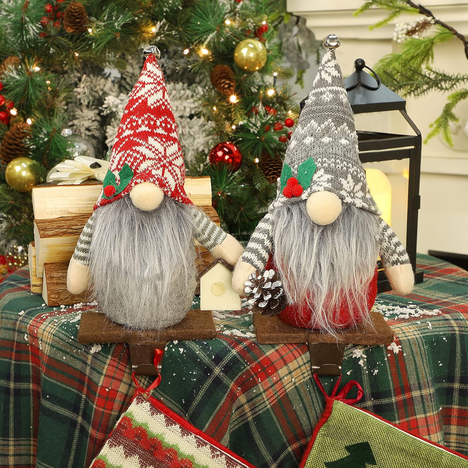 Lulu Home Christmas Stocking Holder, Set of 2 Soft Stuffed Christmas Gnome Metal Stocking Hangers, Rustic Farmhouse Christmas Stocking Hooks for Fireplace, Mantle, Shelves Decorative Ornaments