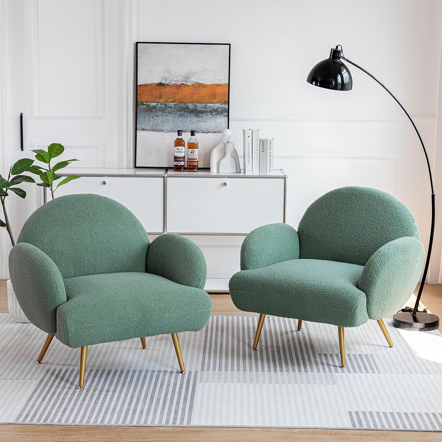 ALEAVIC Green Sherpa Accent Chair Set of 2, Modern Teddy Comfy Chair with Gold Legs, Boucle Sofa Chair, Upholstered Reading Chair, Bedroom Armchair, Accent Chair for Living Room