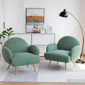 Green Sherpa Accent Chair Set of 2, Modern Teddy Comfy Chair with Gold Legs, Boucle Sofa Chair, Upholstered Reading Chair, Bedroom Armchair, Accent Chair for Living Room