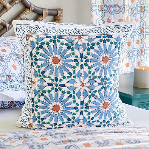 Lujosa funda de almohada azul, impresa a mano, 100% algodón preencogido, diseño de cielo azul mosaique para sofás o almohada decorativa para cama de