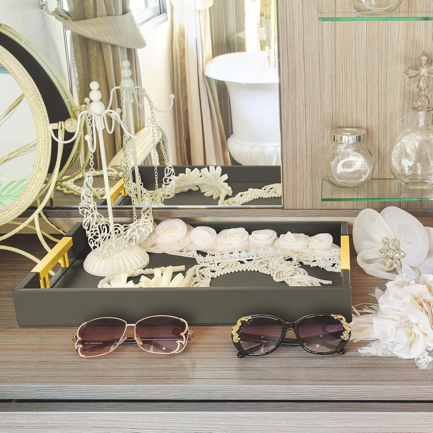 Leather Serving Tray with Gold Polished Metal Handles, Home Decorative Wooden Rectangle Ottoman Decor Platter Bathroom Vanity Tray for All Occasions Black - Image 7