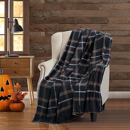 Miniatura 3 de Manta de otoño de Halloween Negro Naranja Blanco Cuadros tradicionales Super Suave 100% Poliéster Polar para Sofá Silla Cama