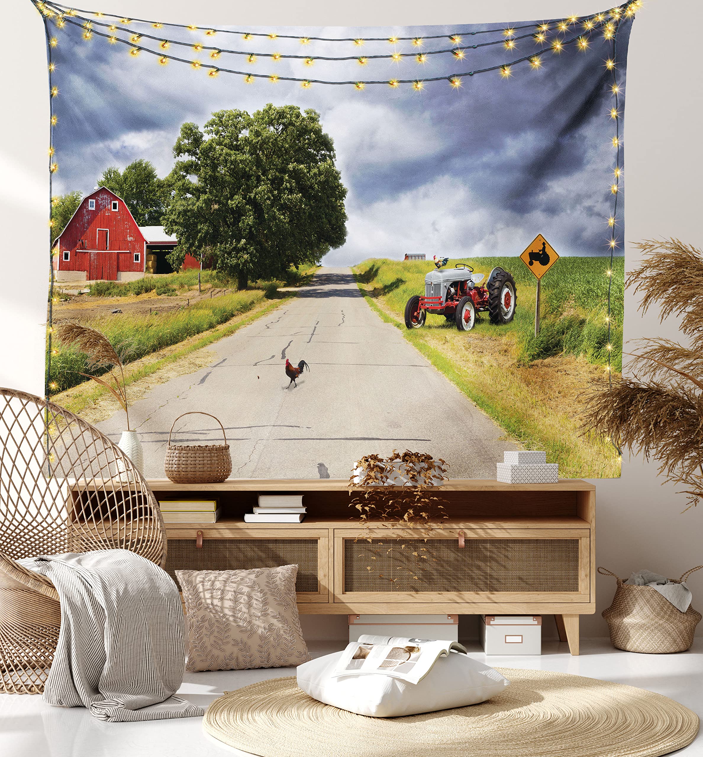 Ambesonne Rural Tapestry, Farmhouse on the Country Road Barn and Tractor Side in Stormy Day Picture, Fabric Wall Hanging Decor for Bedroom Living Room Dorm, 45" X 30", Grey Green