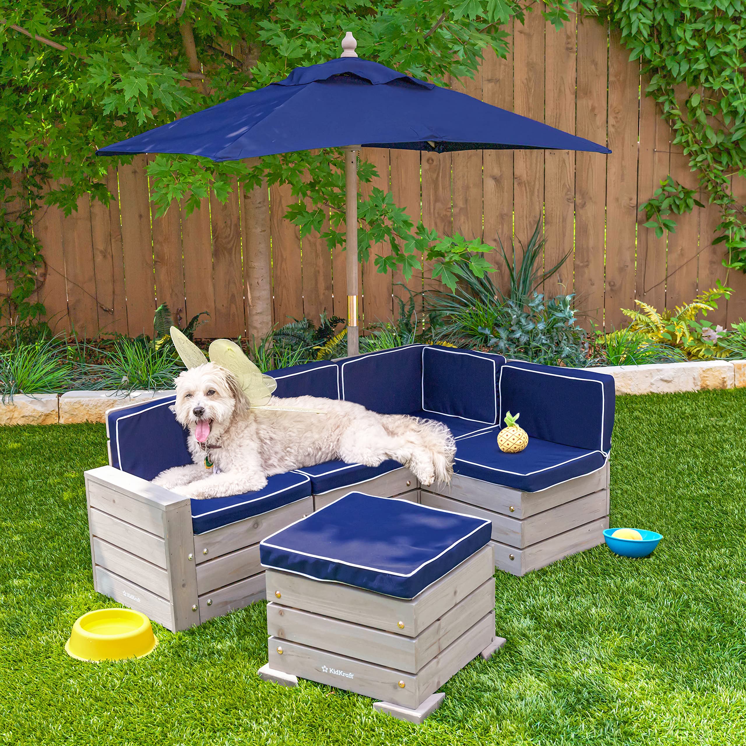 KidKraft Wooden Outdoor Sectional Ottoman & Umbrella Set with Cushions