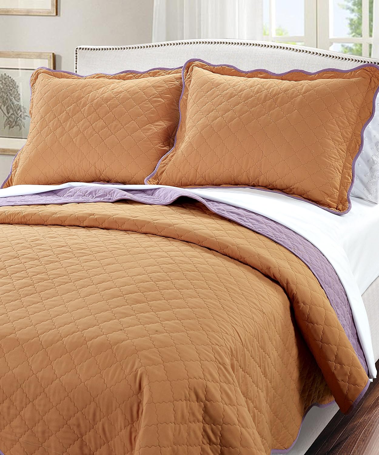 BNF Home Serenta 3 Piece Solid Reversible Microfiber Quilts Set, Queen, Peach Pink/Light Taupe
