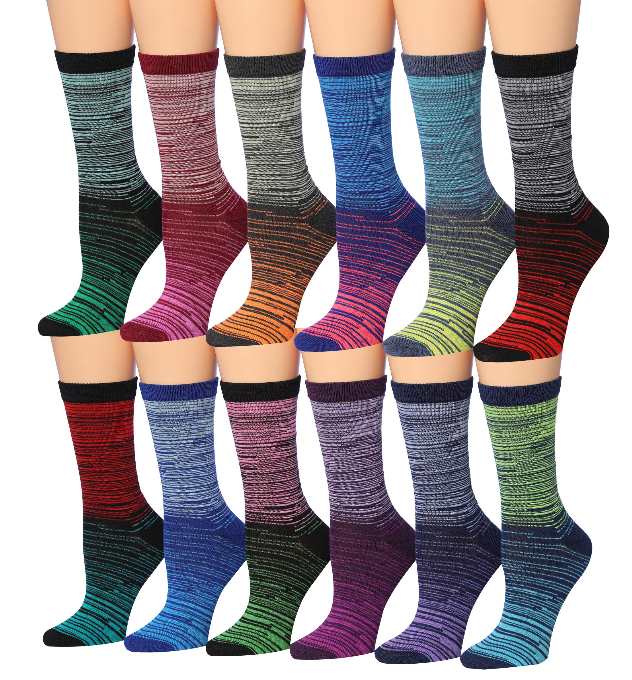 Tipi Toe Women's 12 Pairs Lightweight Colorful Patterned Crew Socks Available in Sizes 9-13