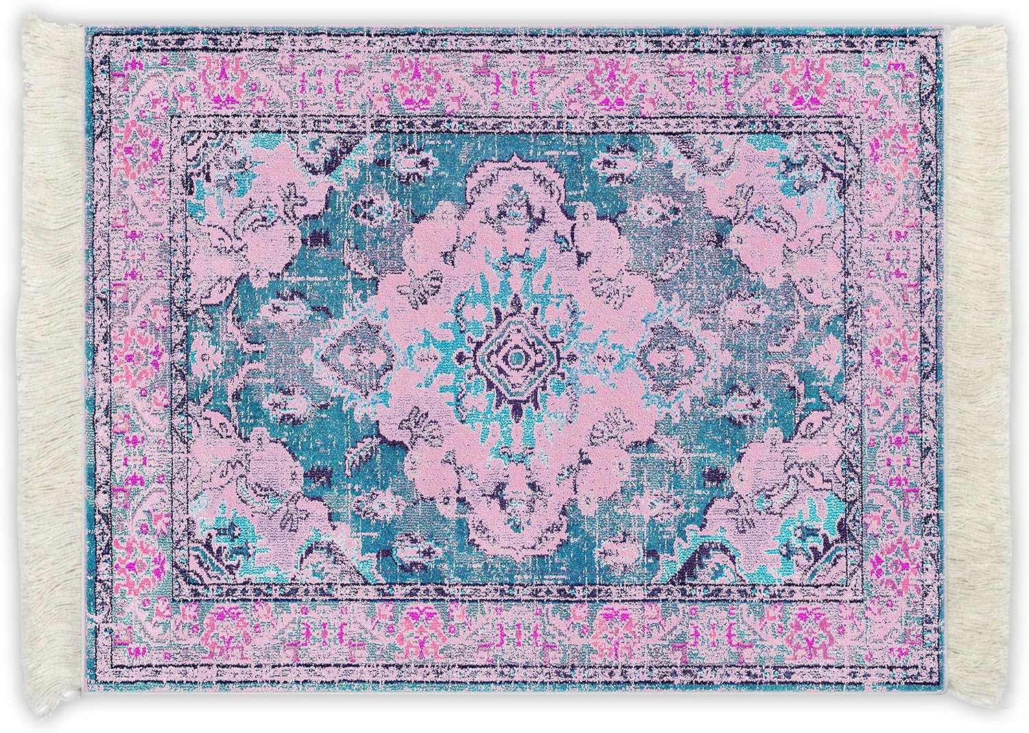 Infusion Oriental Rug Fringe-Trim Mouse Pad – Pink & Blue Persian-Inspired Design, Non-Slip Backing, Stylish Desk Accessory