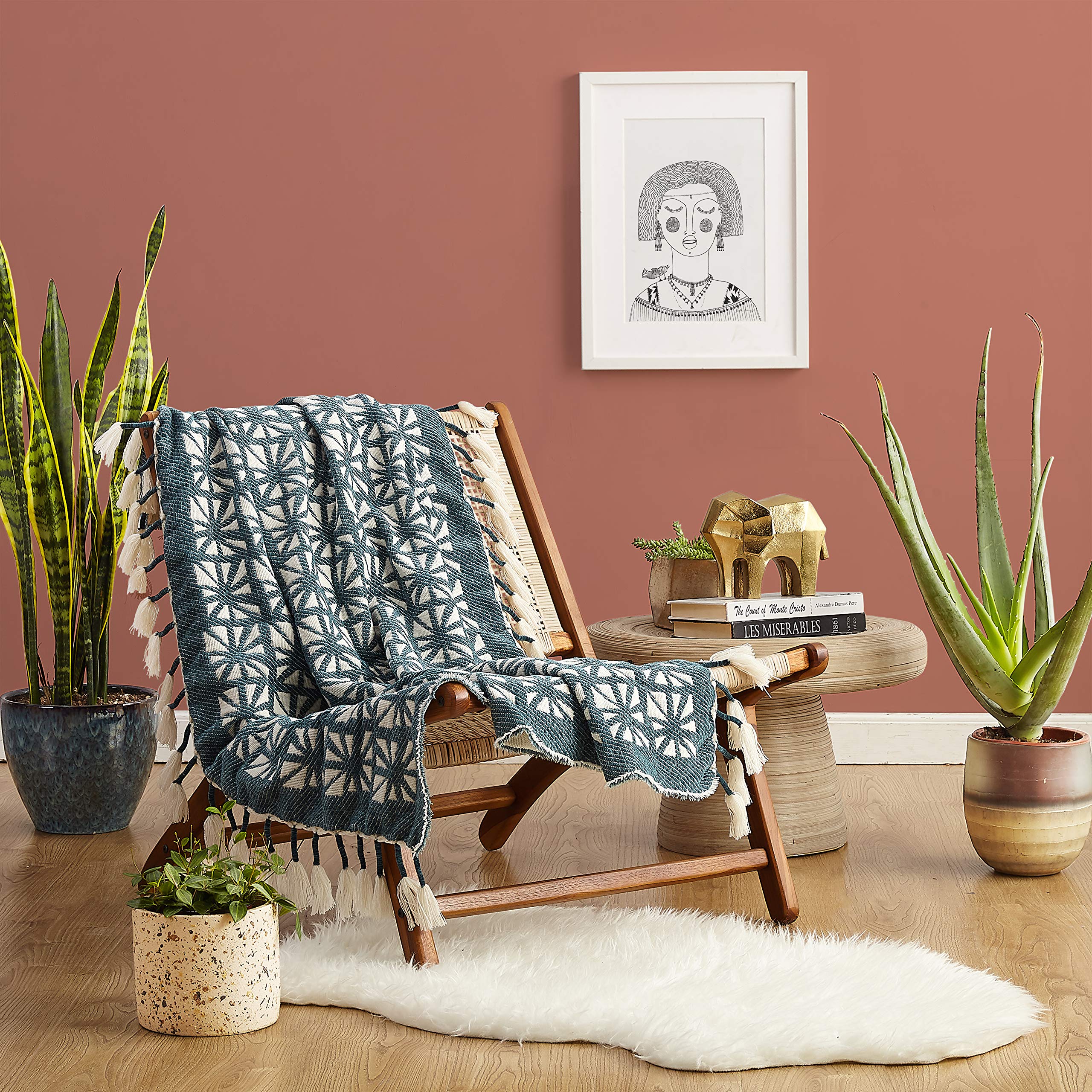 JungalowPlanetarium Fringed Throw Blanket, Green, 50x60''