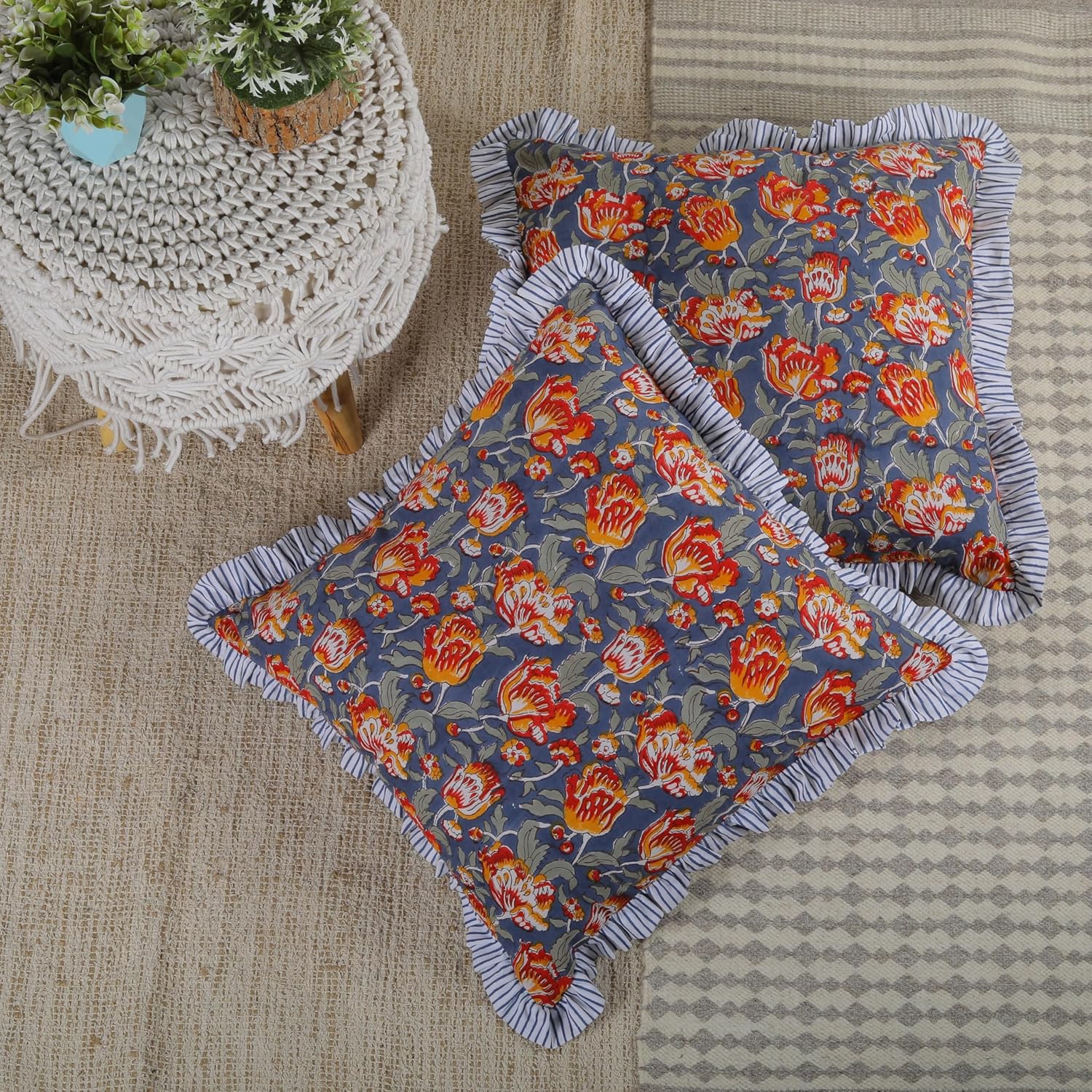 Trade Star Soft Cotton Ruffle Cushion Covers Set of 2 Throw Pillowcases Handmade Reversible Farmhouse PiIlow Cover Hand Block Print Modern Premium Quality Decorative 18x18 Case