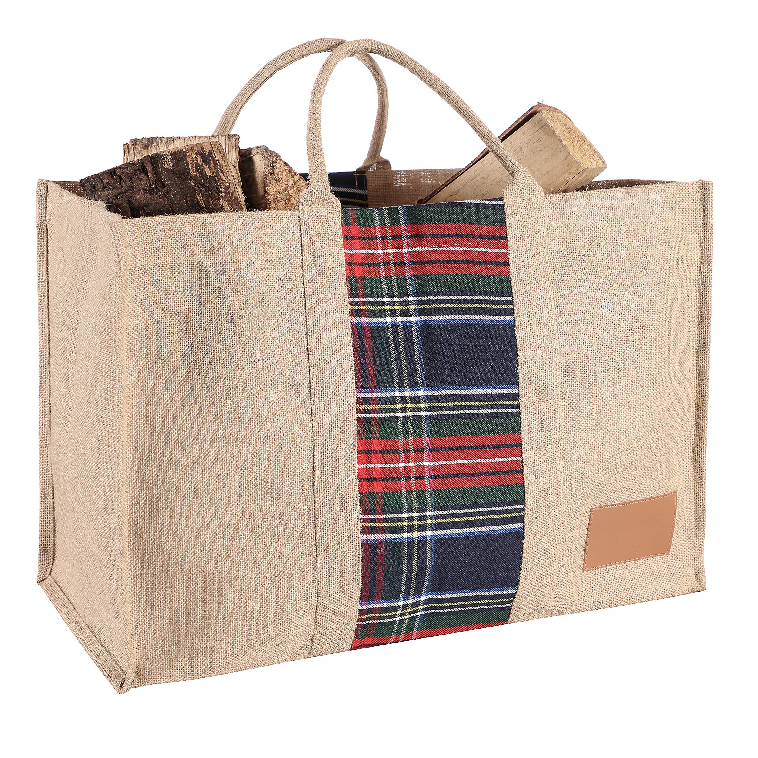 Heavy Duty Natural Jute Canvas Kindling Wood Log Carrier Bag (Beige Tartan) — image 1