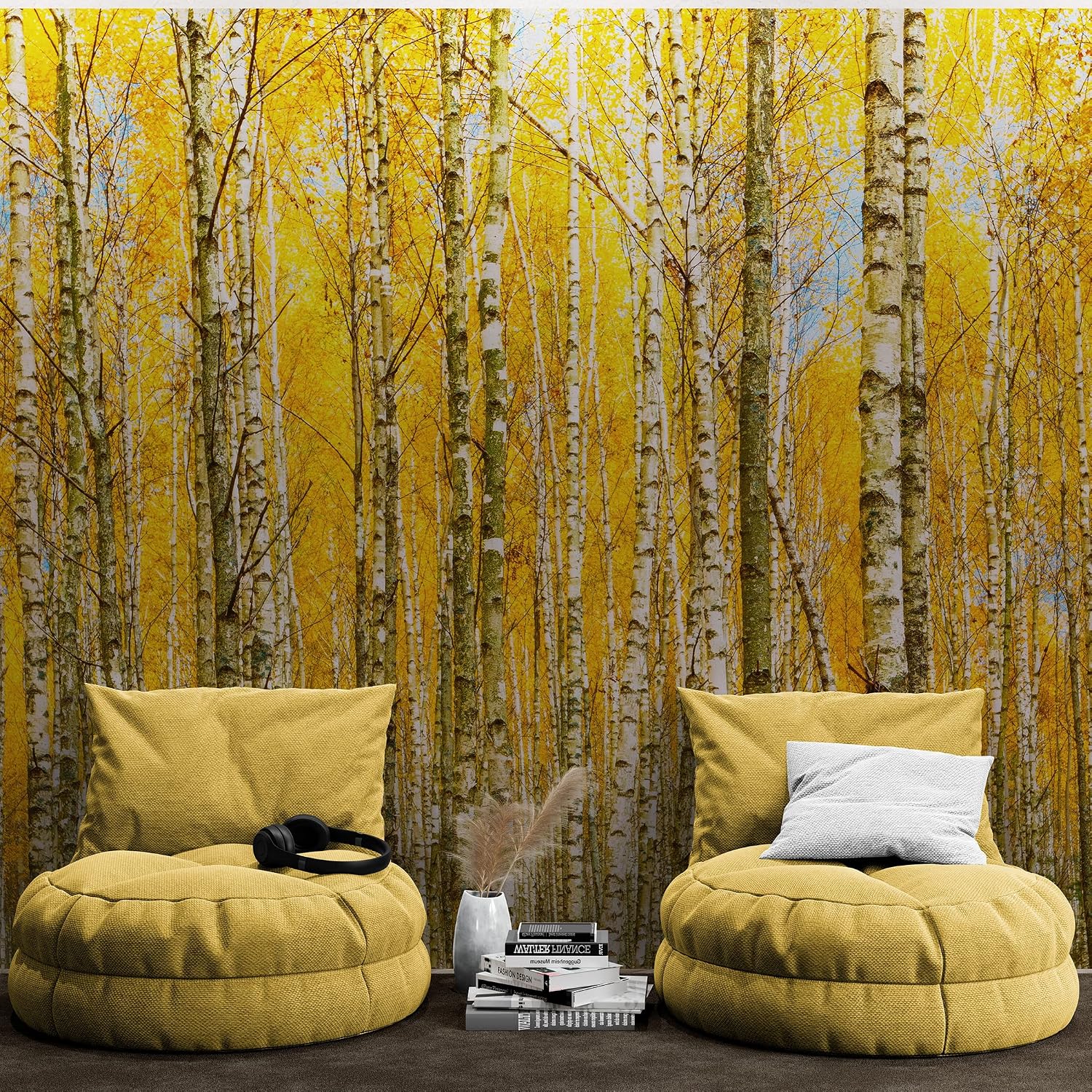 Autumn Scenic Birch Tree Forest Wall Mural (Yellow/Orange Color) Peel and Stick Wallpaper. #6202 (9ft H X 8ft W)