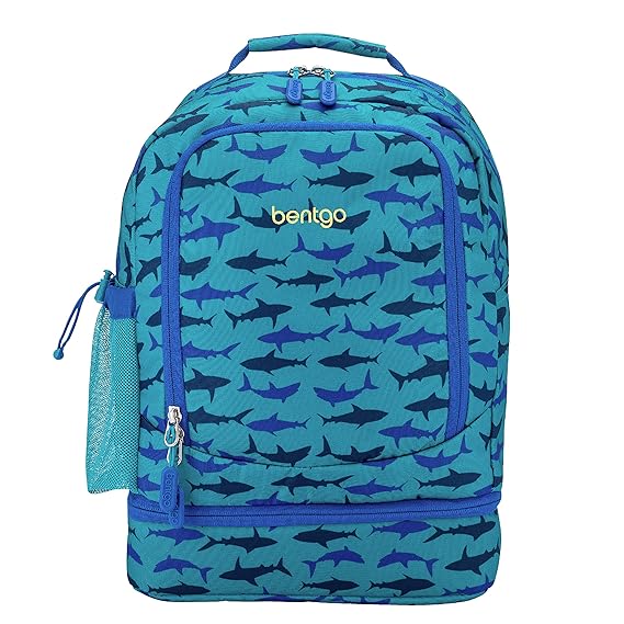 Bentgo Kids Prints 2-in-1 Backpack & Insulated Lunch Bag - Durable, Lightweight, Colorful Prints for Girls and Boys, Water-Resistant Fabric, Padded Straps and Back with Large Compartments (Shark)
