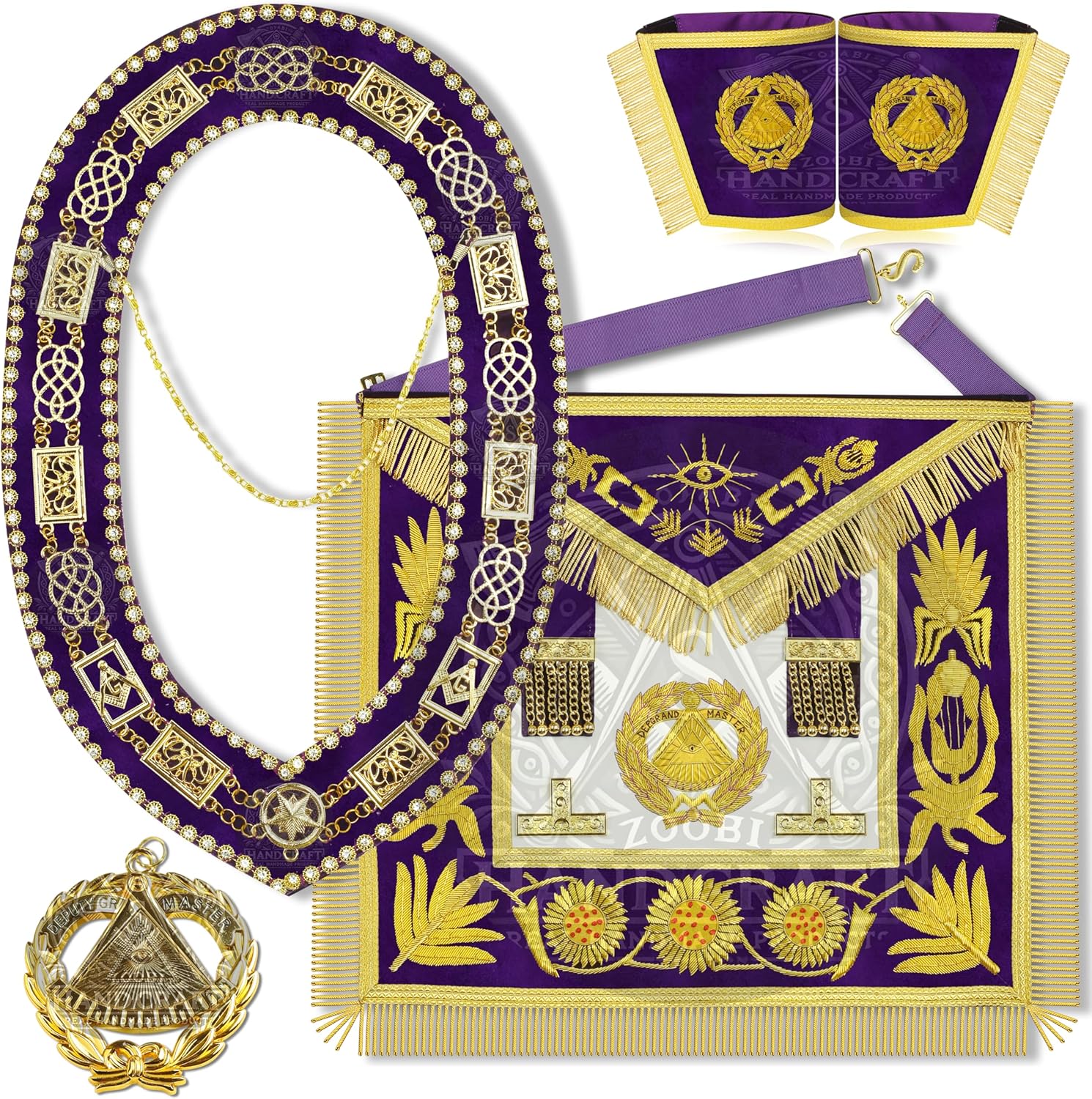Masonic Regalia Deputy Grand Master Purple Apron Set - Handmade Lambskin Apron with Velvet Chain Collar/DEP GRAND MASTER JEWEL & Bullion Wire Cuff