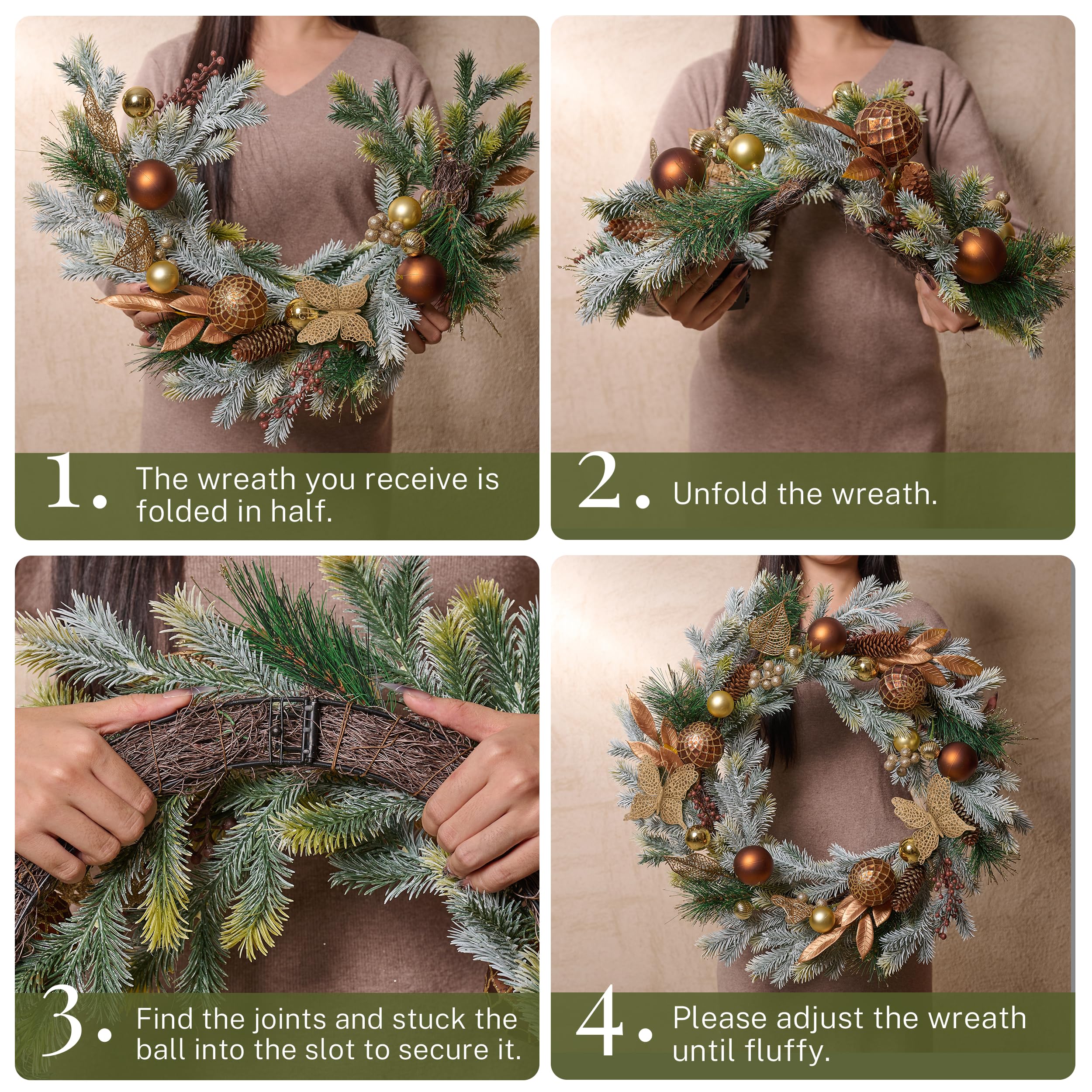 Decorbyhannah Couronne de Noël pliable – Couronnes de Noël pour porte d'entrée avec lumière – Décoration d'intérieur et d'extérieur avec pommes de pin et baies pour fenêtre de table et fenêtre (doré