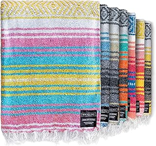 Benevolence LA Authentic Mexican Blanket - Beach Blanket, Handwoven Serape Blanket, Perfect as Picnic Blanket, Outdoor Blanket, Yoga Blanket, Camping Blanket, Car Blanket, Woven Blanket (Sunrise)