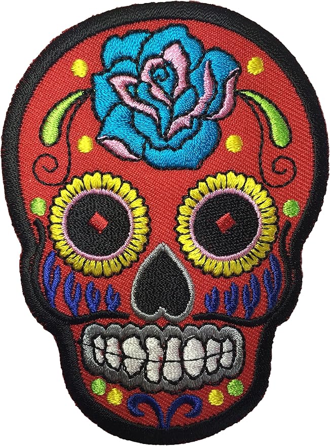 Mexican Sugar Skull Tattoo Dead Head Biker DIY Embroidered Applique Sew on Iron on Patch - Red (IRON-MEXI-01-RD)