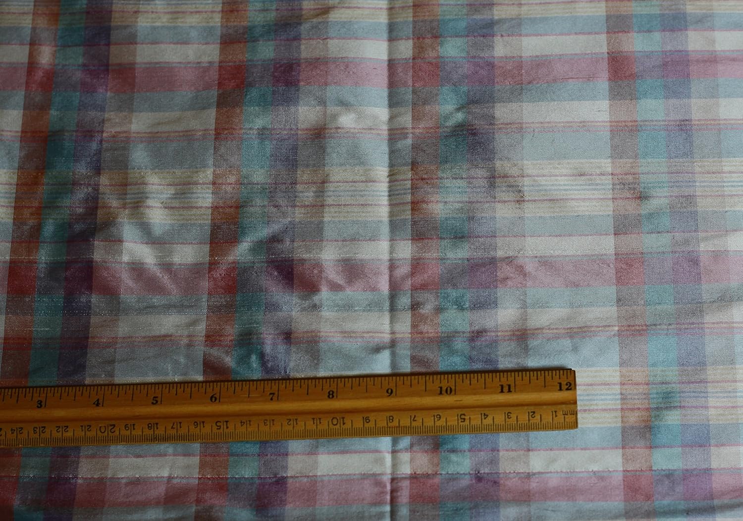 Soft Blue & Pink & Peach Dupioni Plaids, 100% Silk Fabric, by The Yard, 54" Wide