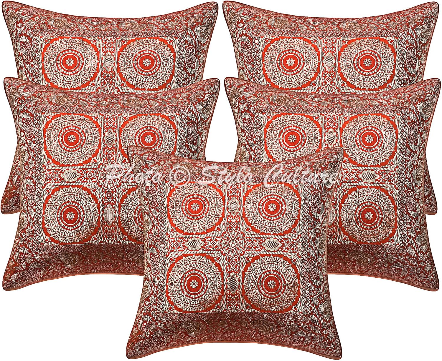 Bohemian Decorative Sofa Settee Accent Throw Pillow Covers 40x40 cm Living Room Brocade Orange Mandala Jacquard Square Luxury Zippered Indian 16x16 Inch Cushion Covers - 5 Pcs