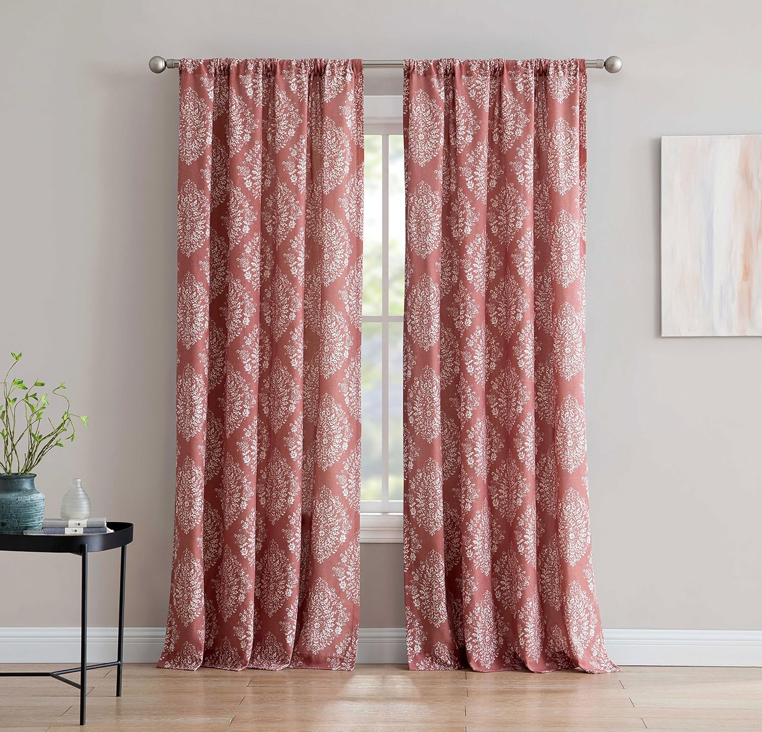 Alma Floral Rod Pocket Window Curtain Panel, Sienna