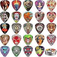 Palhetas de guitarra, pacote com 24 palhetas de guitarra finas, médias, pesadas e extra pesadas com caixa de lata, palhetas personalizadas para acústico, baixo, guitarra elétrica, inclui 0,46 mm, 0,71