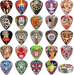 Palhetas de guitarra, pacote com 24 palhetas de guitarra finas, médias, pesadas e extra pesadas com caixa de lata, palhetas personalizadas para acústico, baixo, guitarra elétrica, inclui 0,46 mm, 0,71