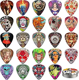 Palhetas de guitarra, pacote com 24 palhetas de guitarra finas, médias, pesadas e extra pesadas com caixa de lata, palhetas personalizadas para acústico, baixo, guitarra elétrica, inclui 0,46 mm, 0,71