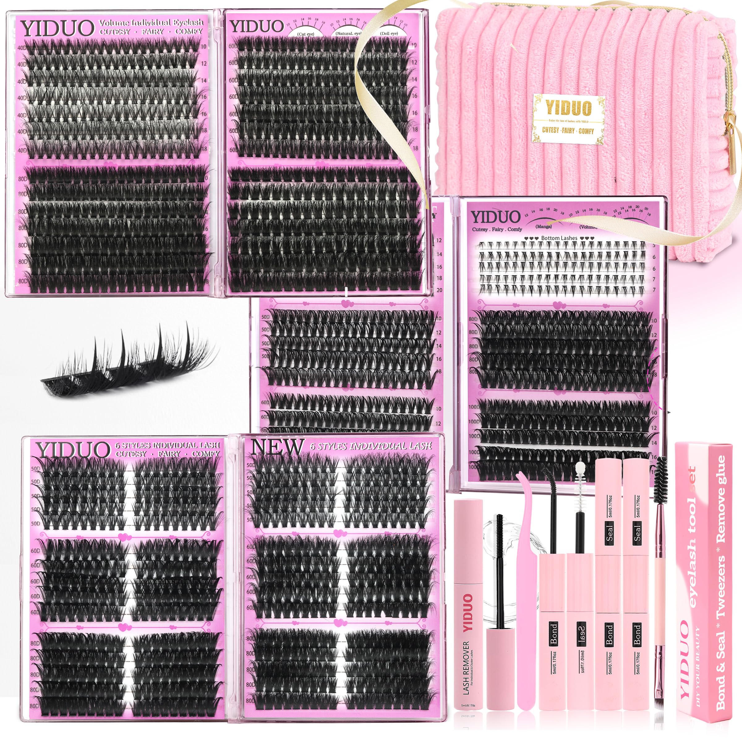 Lash Cluster Kit Makeup Bag Set 1686pcs 40D 50D 60D 80D 100 Spikes Bottom Full Eyelash Cluster Kit