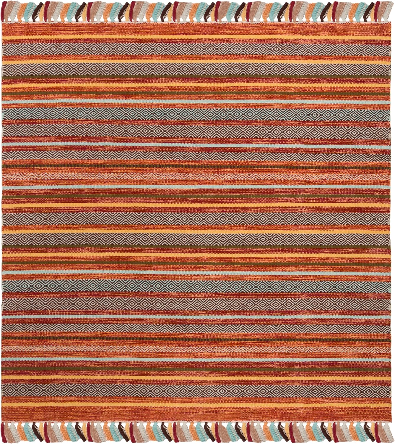 SAFAVIEH Montauk Collection Area Rug - 6' Square, Rust & Multi, Handmade Boho Stripe Fringe Cotton, Ideal for High Traffic Areas in Living Room, Bedroom (MTK901D)