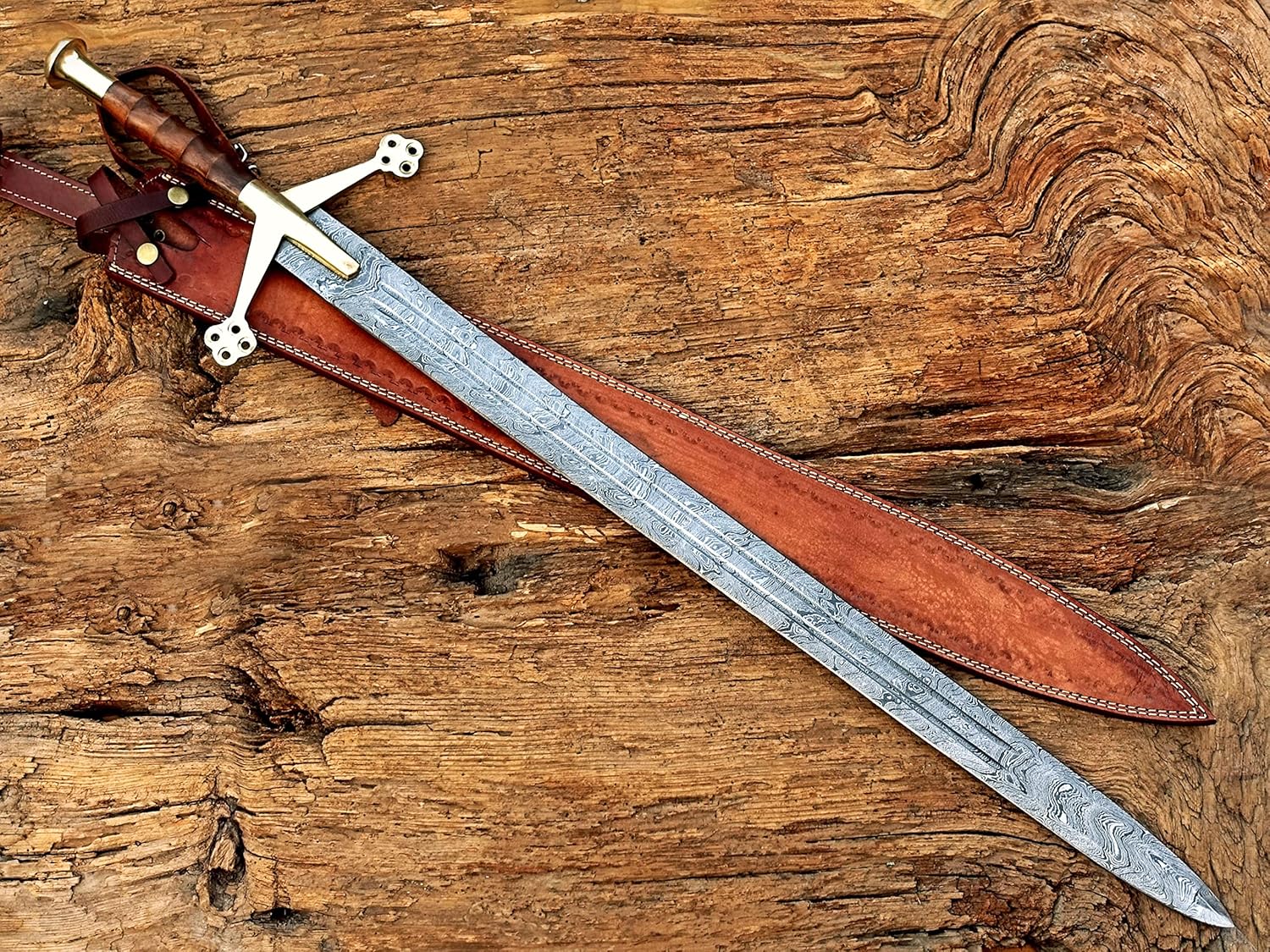 40" Inches Damascus Steel Claymore Sword/Highlands Scottish Sword with Leather Sheath
