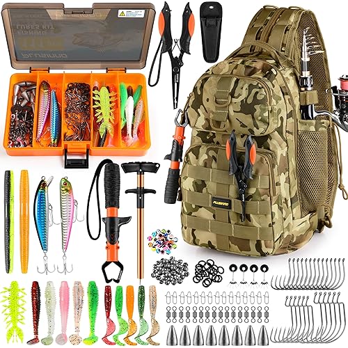 PLUSINNO Fishing Backpack with Tackle Boxes, Waterproof Fishing Sling Tackle Bag For Fishing Gear With Rod Holder, Fishing Gifts for Men With Fishing lures, Fishing pliers, Fish Lip Gripper.