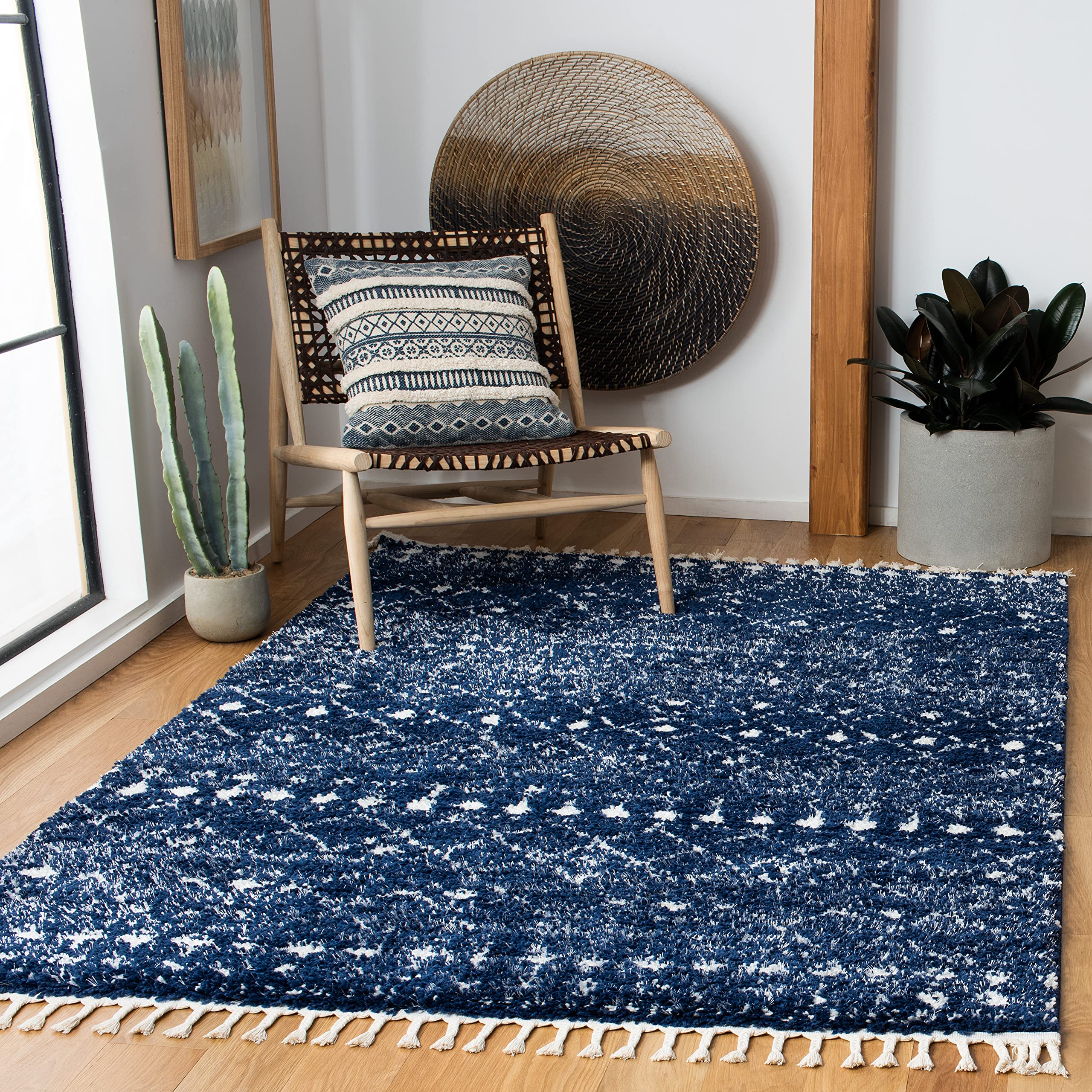 SAFAVIEH Berber Fringe Shag Collection Area Rug - 5' x 7', Dark Blue & Ivory, Moroccan Design, Non-Shedding & Easy Care, 1.2-inch Thick Ideal for High