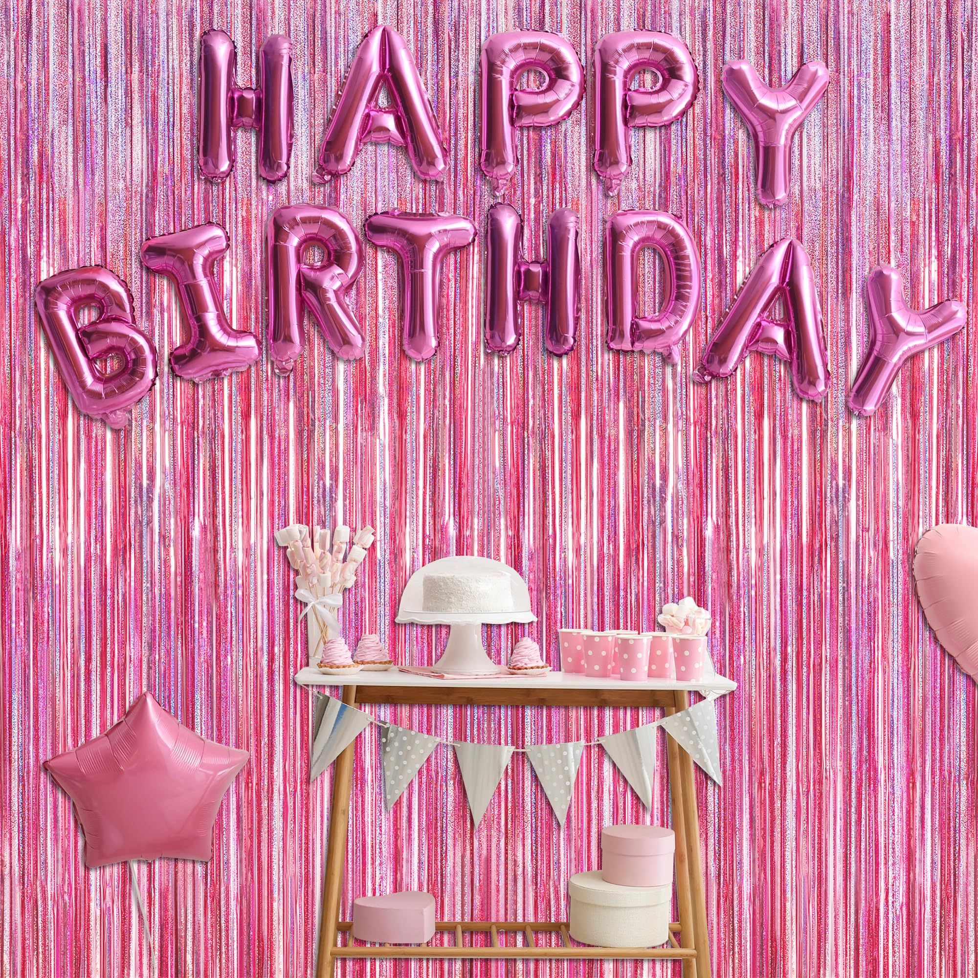 Confezione da 2 sfondi rosa glitterati, decorazioni per feste di compleanno, tende con frange rosa laser, tende con stelle filanti, tende rosa per foto di buon compleanno