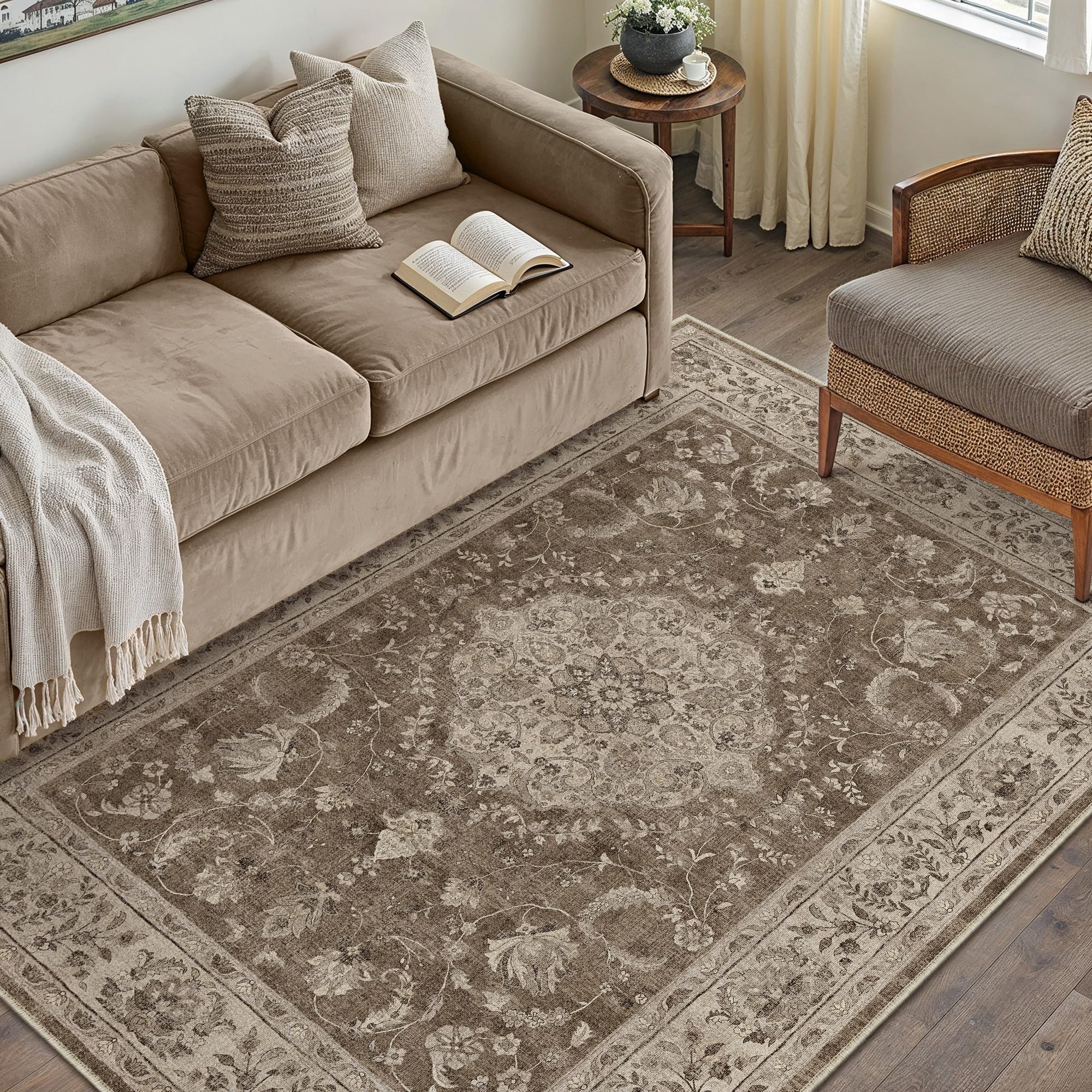 PureCozy Washable Brown Living Room Rug, 140 x 200 cm, Vintage Rug for Living Room, Short Pile, Non-Slip, Soft, Retro Boho Carpet for Kitchen, Bedroom, Office, Dining Room, Bedroom โ image 1