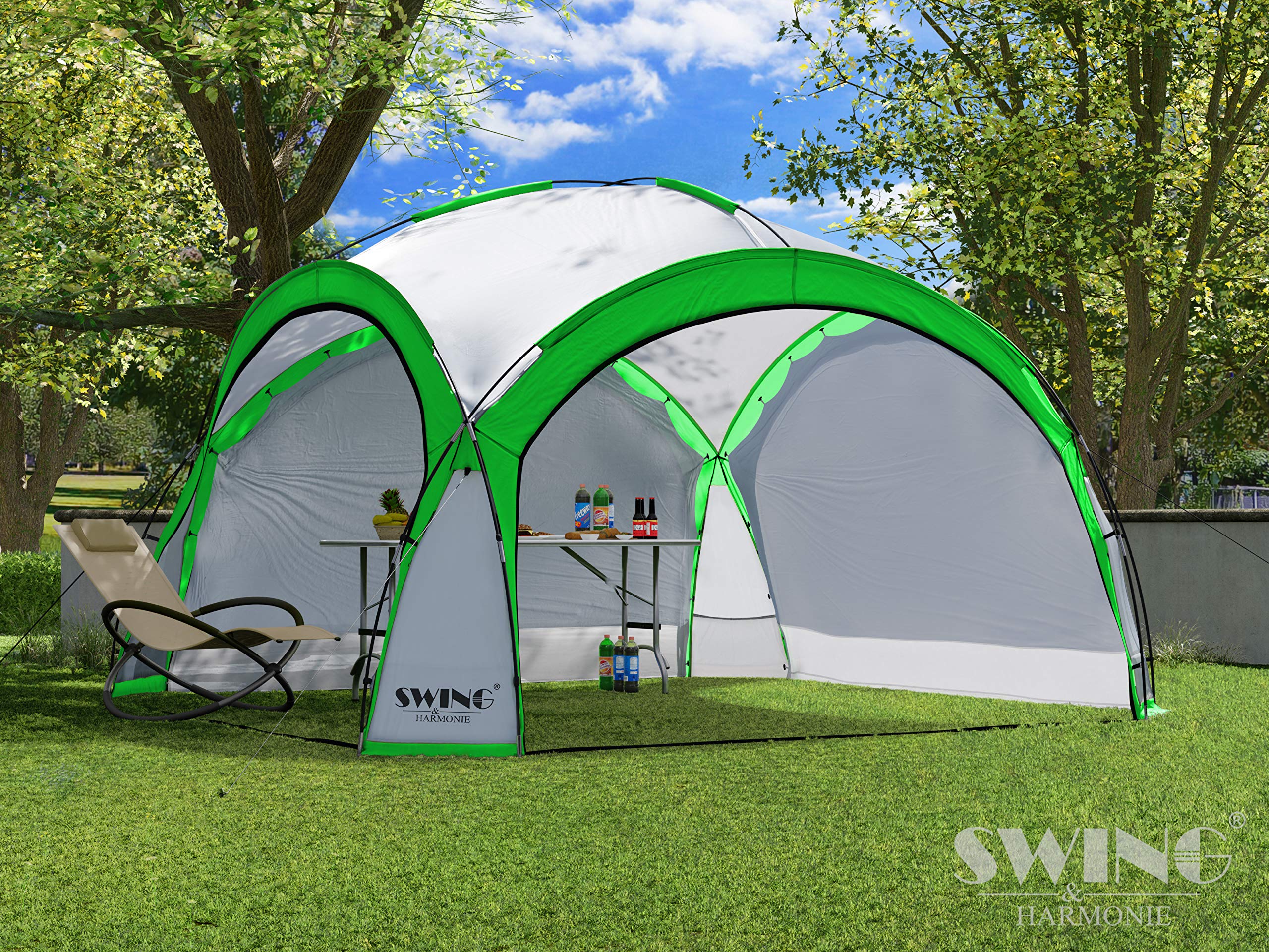 XXL LED Event Pavillon 4,5 x 4,5m DomeShelter Garten Pavillion inkl. Solarmodul Pavilion Designer Gartenzelt Camping Pavilon Partyzelt mit Beleuchtung (450cm - grün)