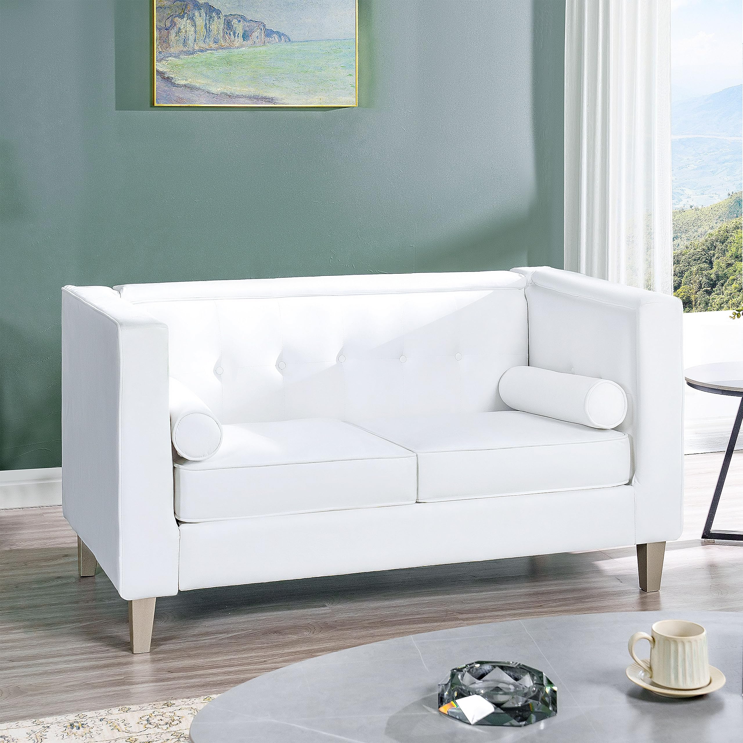 Naomi Home Tuxedo Modern Small Loveseat Sofa for Living Room, Mid Century Love Seat Sofas Furniture for Small Spaces, Tufted Cushion, Solid Wooden Legs Reading Chairs for Bedroom Comfy - White