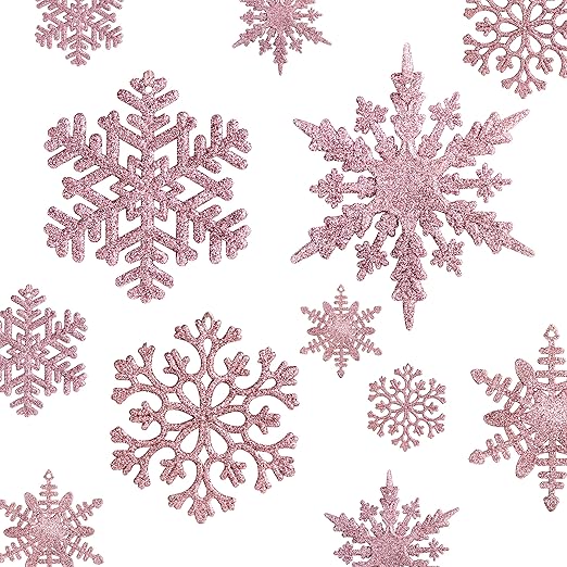 Joiedomi 36pcs Pink Glitter Snowflake Ornaments for Christmas Tree, Plastic Snowflakes Hanging Ornaments for Christmas Holiday Indoor Home Decoration, Xmas Tree Ornaments (Rose Gold)
