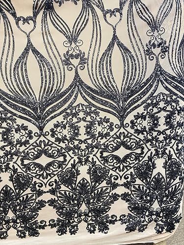 Valentina Textile INc - Diseño de damasco bordado en tela de encaje de malla por The Yard VT-16 (1 yarda, negro nude)