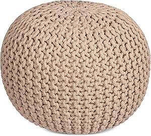 BIRDROCK HOME Round Pouf Foot Stool Ottoman - Knit Bean Bag Floor Chair - Cotton Braided Cord - Great for The Living Room, Bedroom and Kids Room - Small Furniture (Natural)