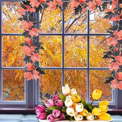 Miniatura 6 de Guirnalda de Halloween de 5.9 pies, 1 guirnalda de hojas de arce de otoño, color rojo y negro, guirnalda de arce artificial de otoño para decoración