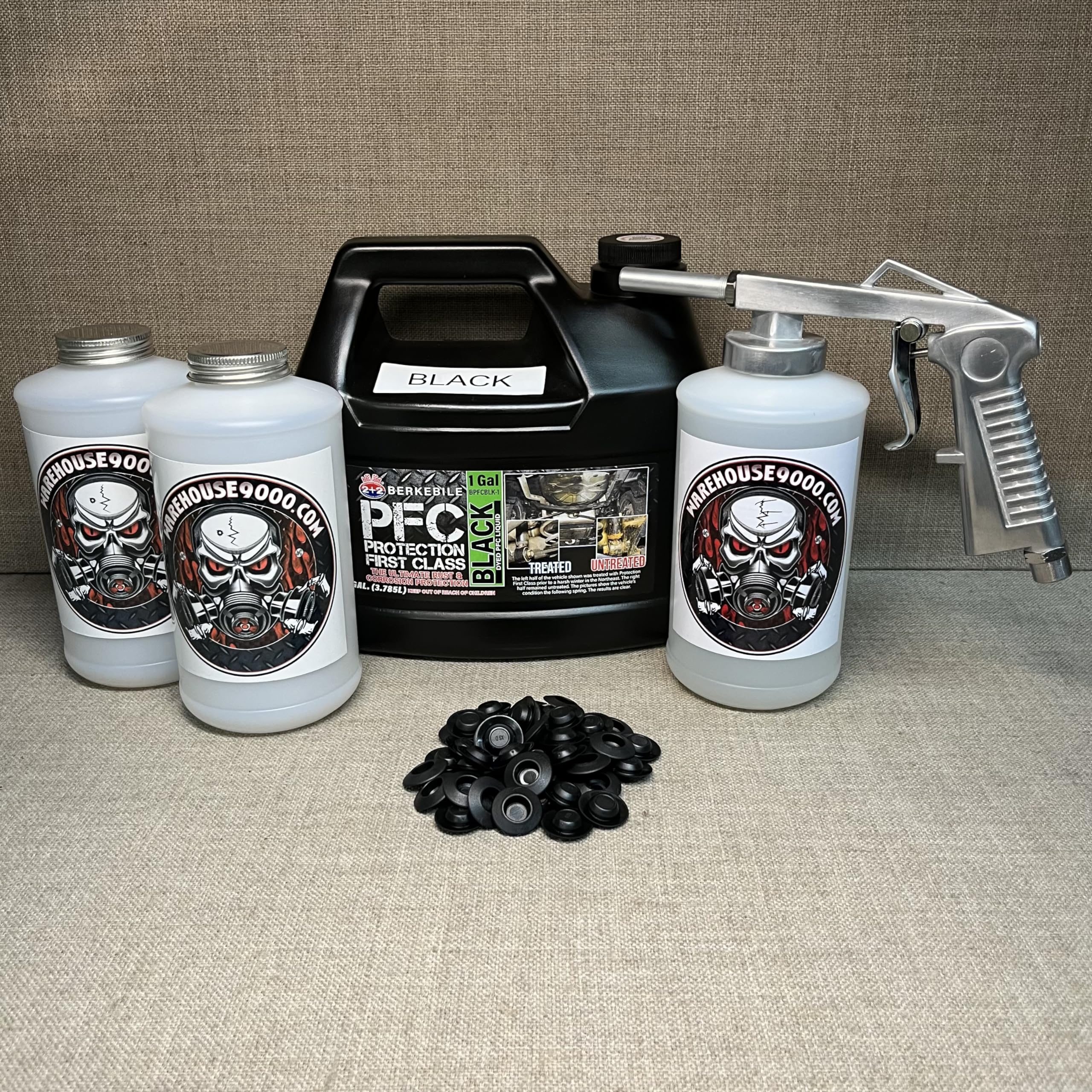 Gallon PFC Black, Standard Economy Undercoating Spray Gun, 3 White Quart Bottles, and 50 Rust Plugs