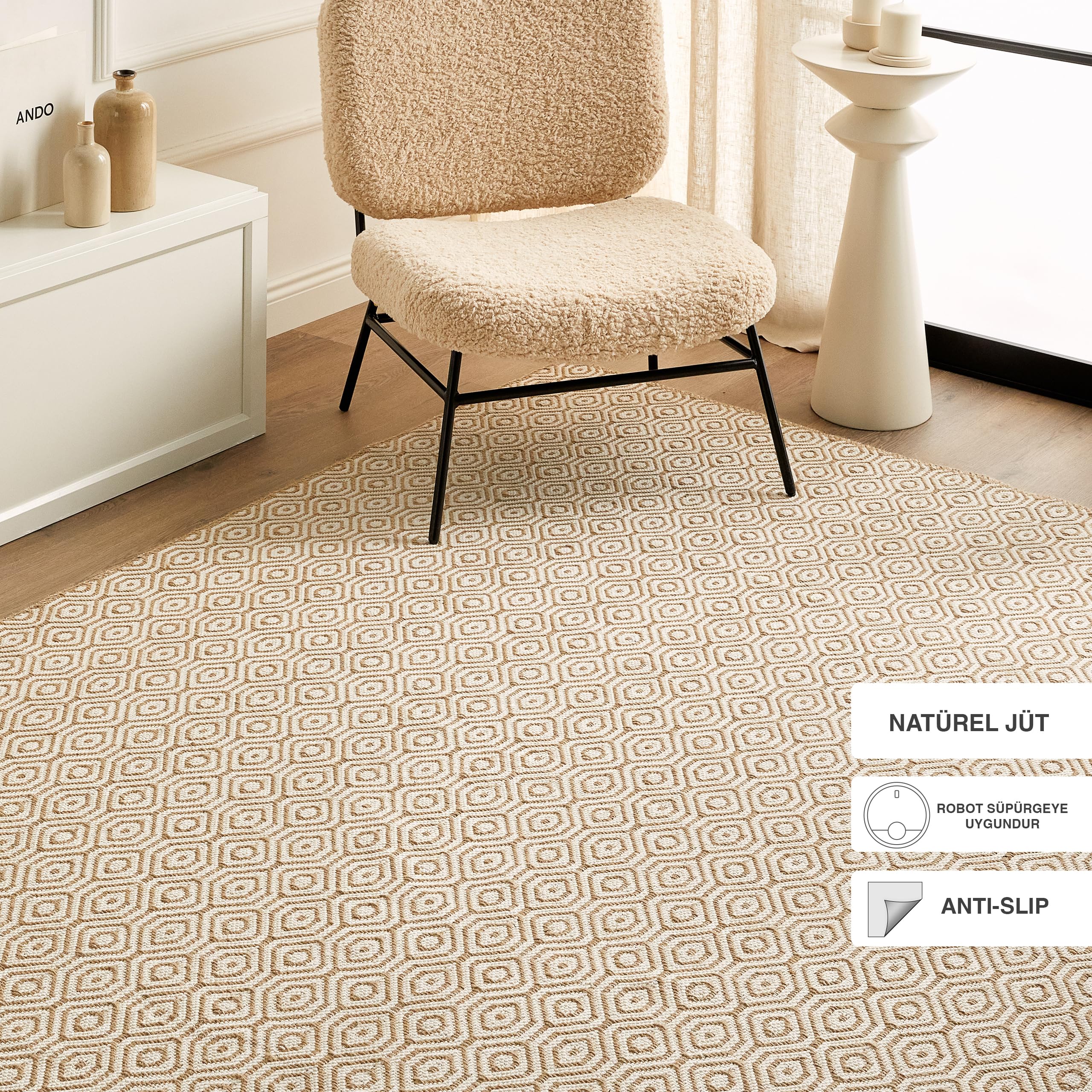 Ocean Home Textile Ekru Renk Karo Desenli Jüt Halı Kilim 120 x 180 cm