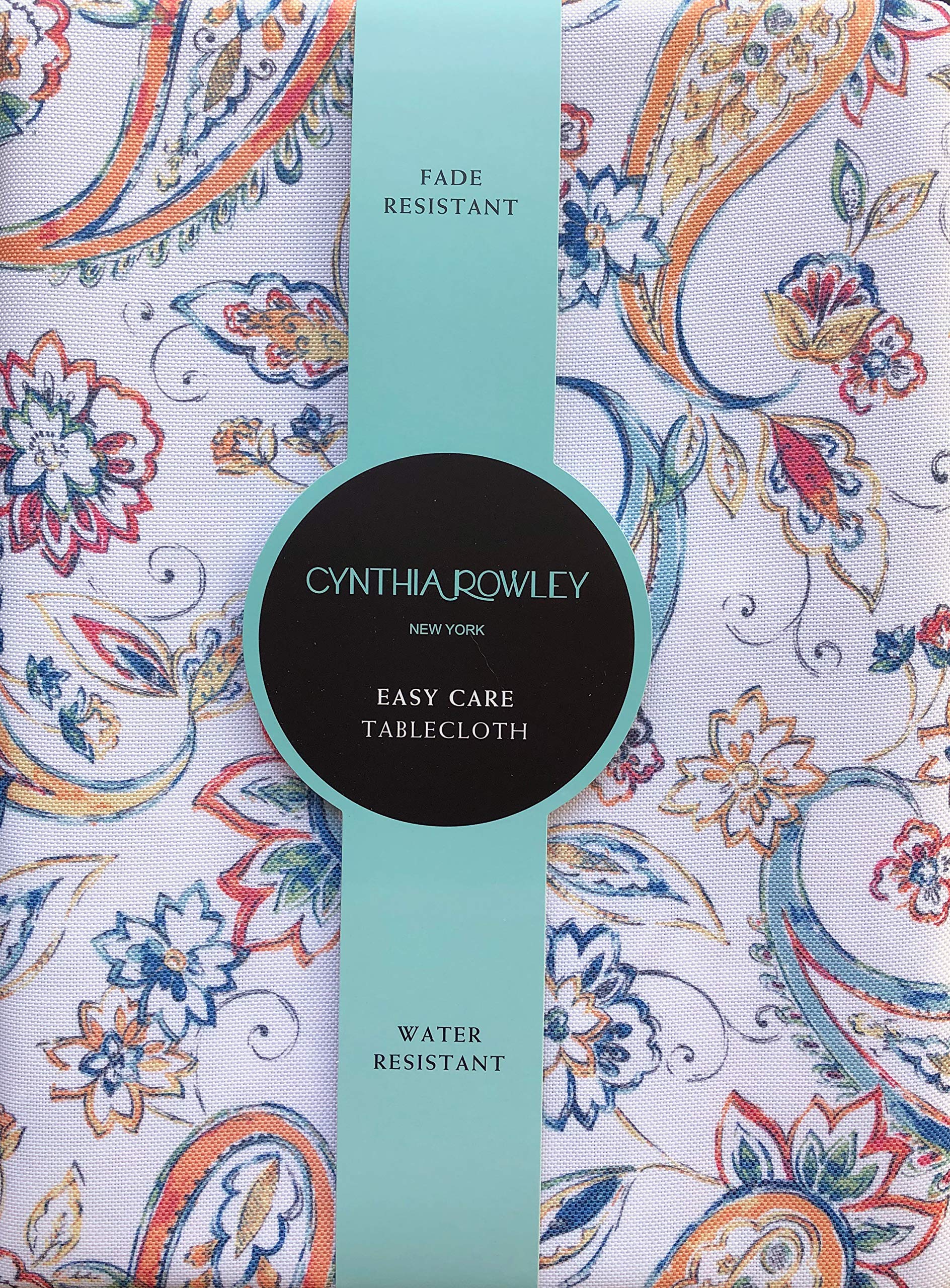 Cynthia Rowley Jacobean Floral Paisley Pattern Tablecloth Blue Orange Red Green on White 60" x 104" (Seat 8-10) Water Resistant Easy Care
